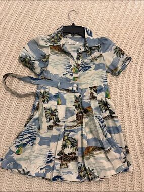 Zara Blue and White Tropical Shirt Dress with Belt